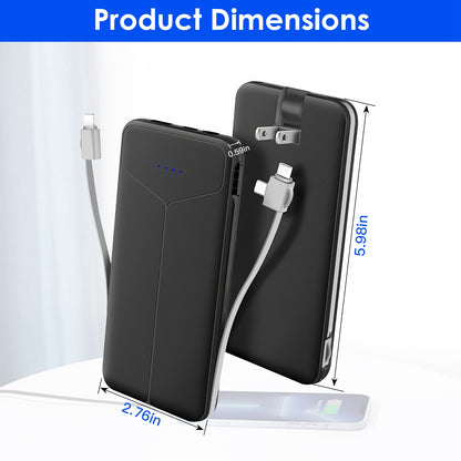 10000mAh Power Bank Portable Charger With US Plug 2 Built-in Cables External Battery Pack With 4 Ouputs 3 Inputs Fit For IOS Phone 14 Android And More